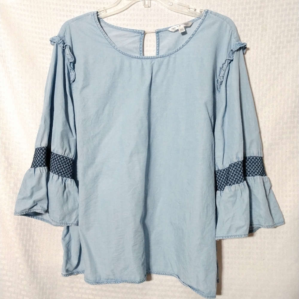 Cute Downeast Blue Chambray Shirt Smocked Bell Sleeves XXL Chest 46" Cottagecore